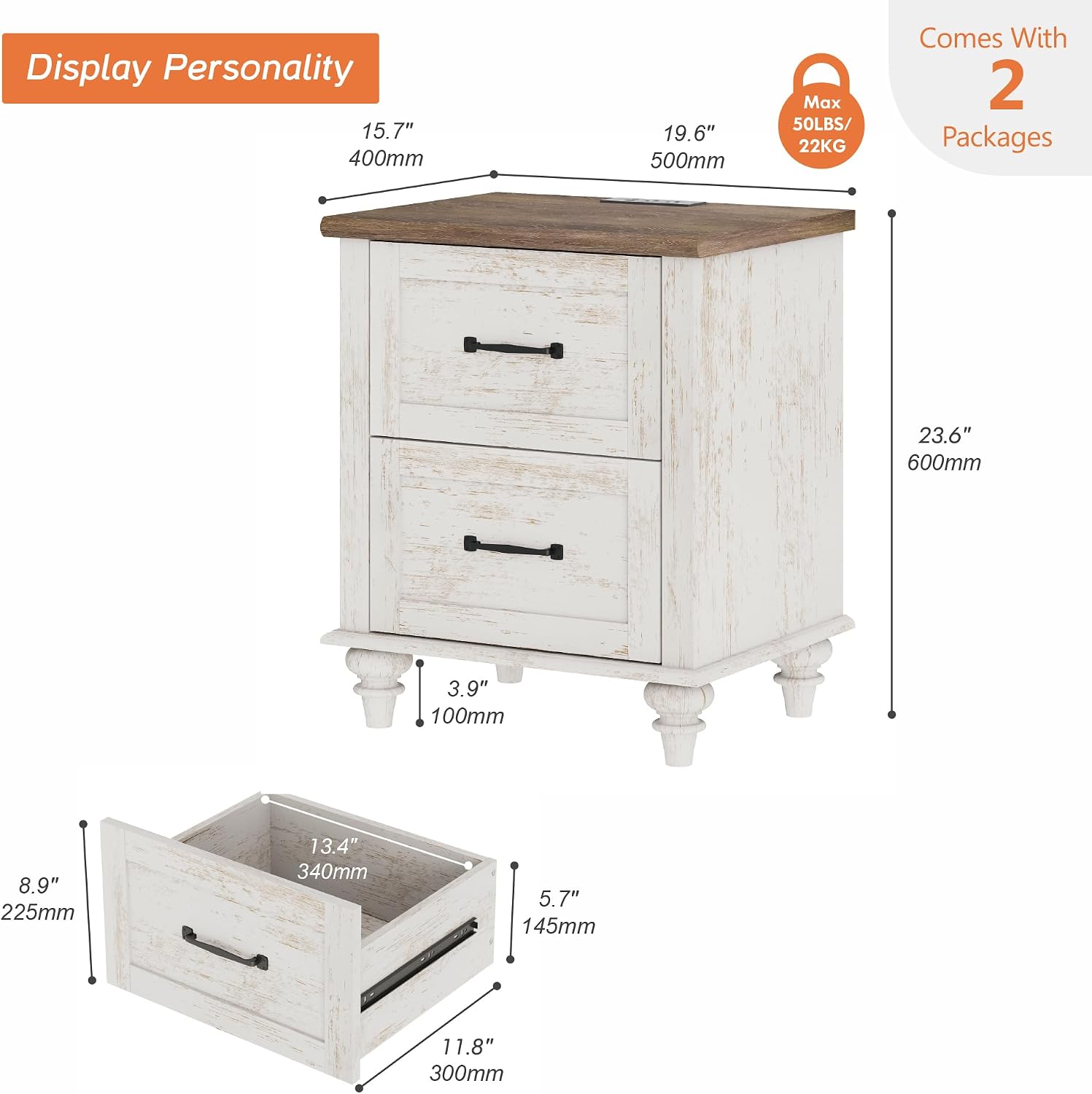 WAMPAT Night Stands for Bedrooms Set of 2 End Tables with Charging Station, 2 Drawer Nightstand Wood Bedside Table, Farmhouse Side Table for Living Room & Study, Antique White