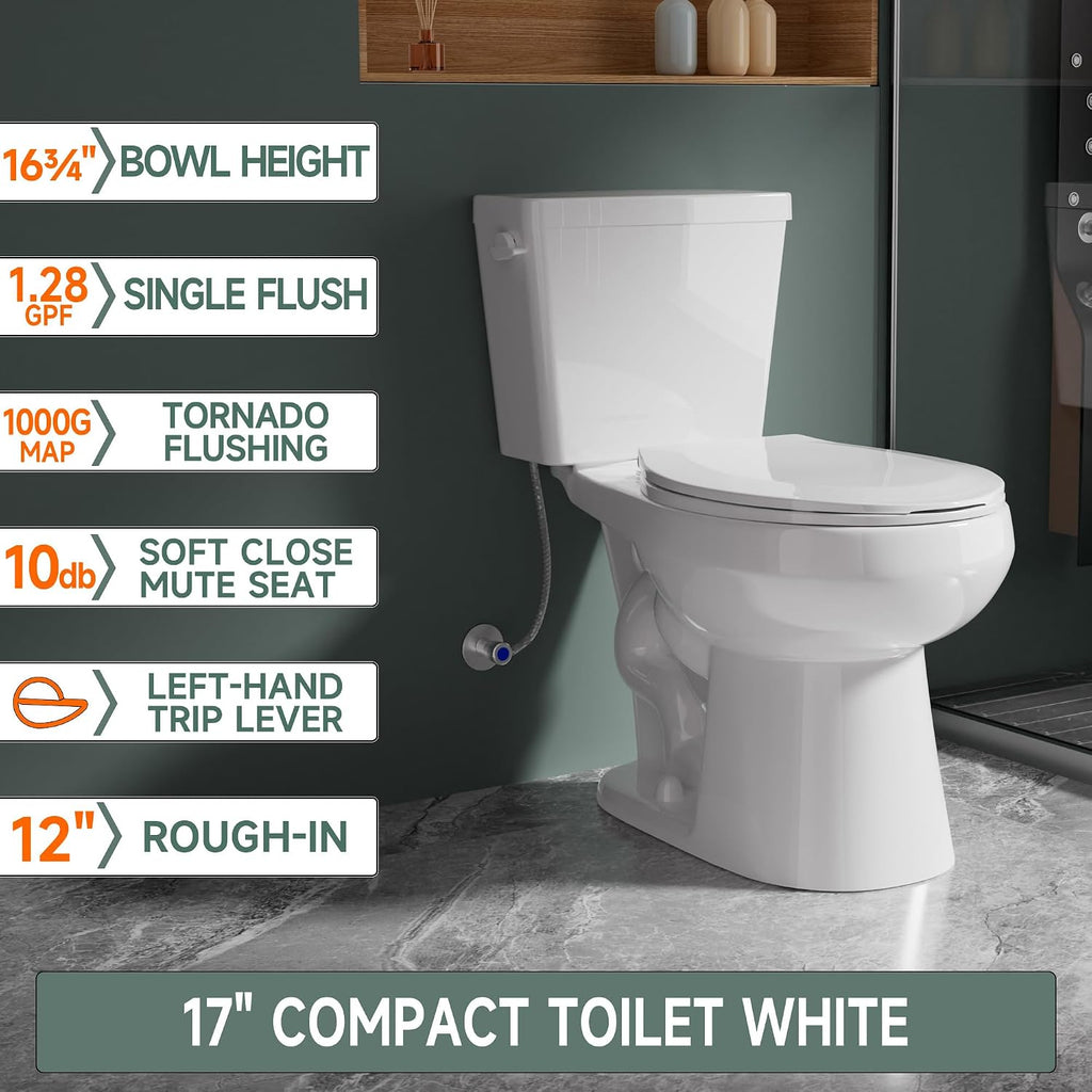 17 Inch Compact Tall Toilet ADA Height Seat 17.5', Single Flush 1.28 GPF, Left-Hand Trip Lever, Powerful Tornado Flush Two Piece, 12' Rough-in for Bathroom, Comfort Bowl Heigh 16.75', White