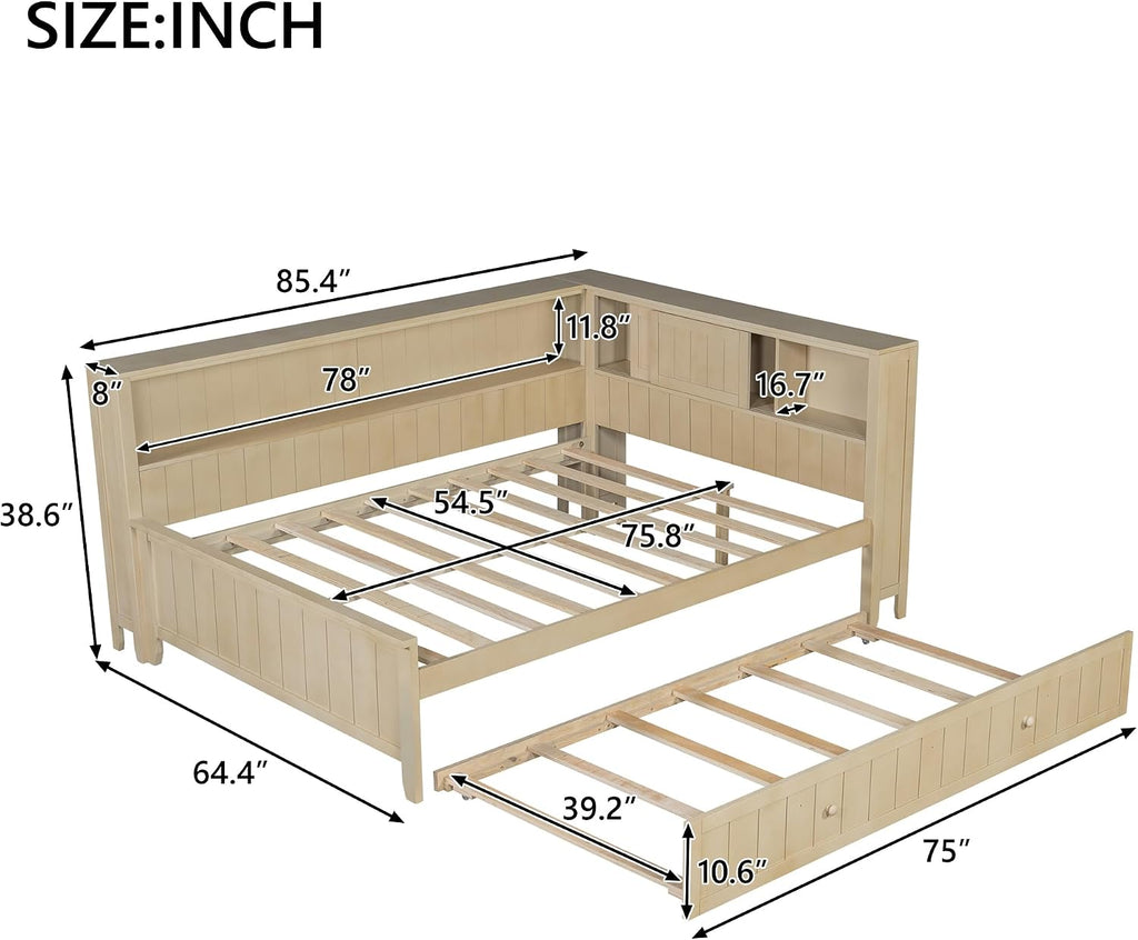 MERITLINE Full Size L-Shaped Daybed with Storage Shelf and Trundle, Wood Corner Bed with Headboard for Bedroom Living Room, Space Saving, Antique White Milk