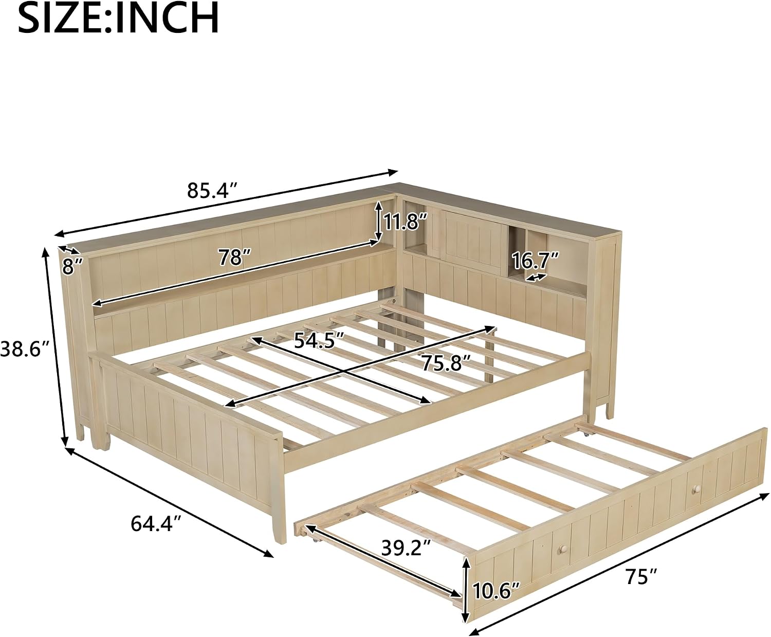 MERITLINE Full Size L-Shaped Daybed with Storage Shelf and Trundle, Wood Corner Bed with Headboard for Bedroom Living Room, Space Saving, Antique White Milk
