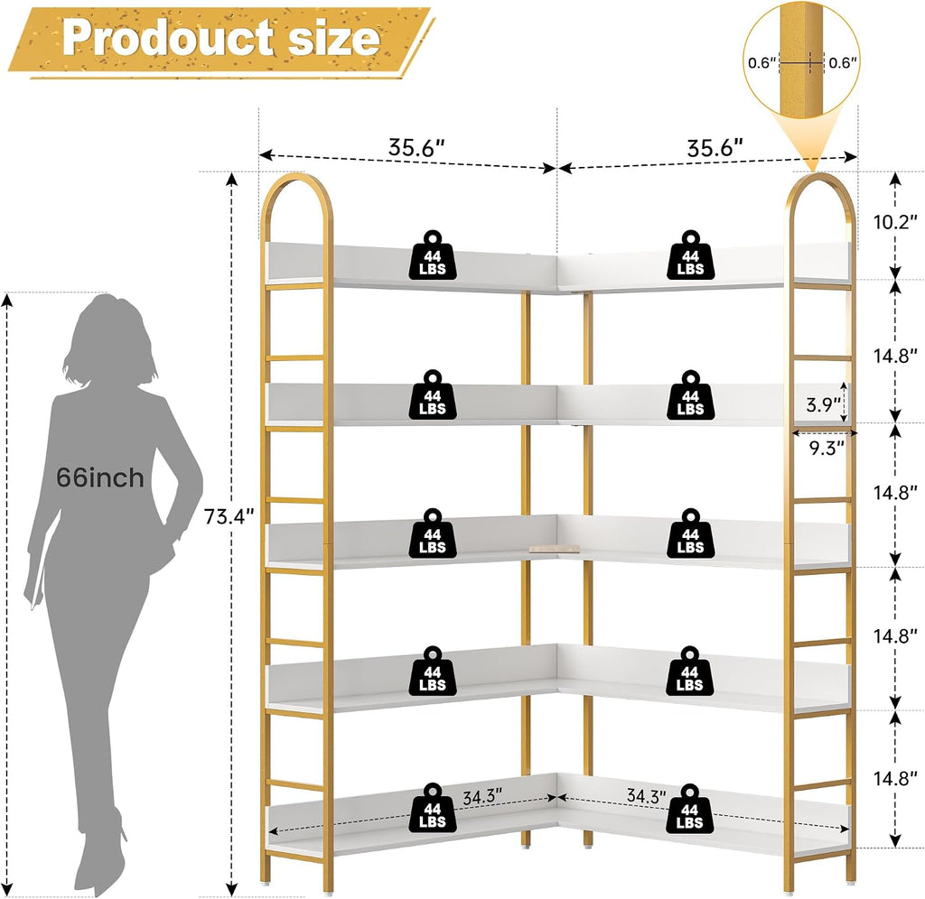 Nosepen Corner Bookshelf, 5 Tiers Tall Open Corner Etagere Bookcase Storage Organize, L-Shaped Large Corner Bookshelves, Corner Shelf Storage Display Rack with Metal Frame for Living Room Home Office