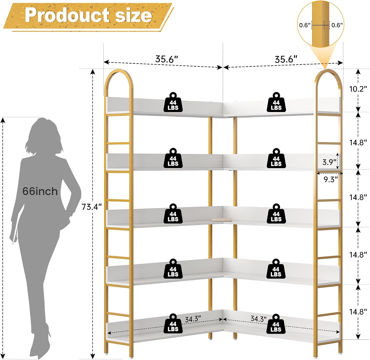 Nosepen Corner Bookshelf, 5 Tiers Tall Open Corner Etagere Bookcase Storage Organize, L-Shaped Large Corner Bookshelves, Corner Shelf Storage Display Rack with Metal Frame for Living Room Home Office