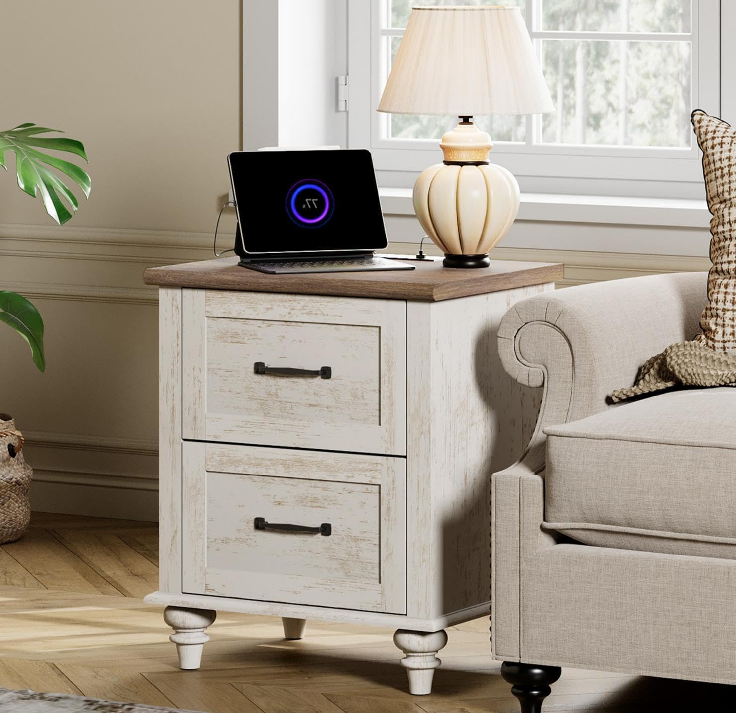 WAMPAT Night Stands for Bedrooms Set of 2 End Tables with Charging Station, 2 Drawer Nightstand Wood Bedside Table, Farmhouse Side Table for Living Room & Study, Antique White