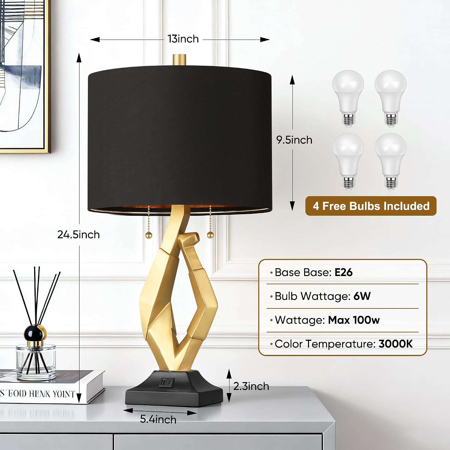 ROTTOGOON Sculptural Table Lamps for Living Room Set of 2 with USB Ports, 24.5' Modern Black and Gold Lamp with S Cluster Pull Chains Switch, End Table Lamps for Bedroom, Nightstand, Office