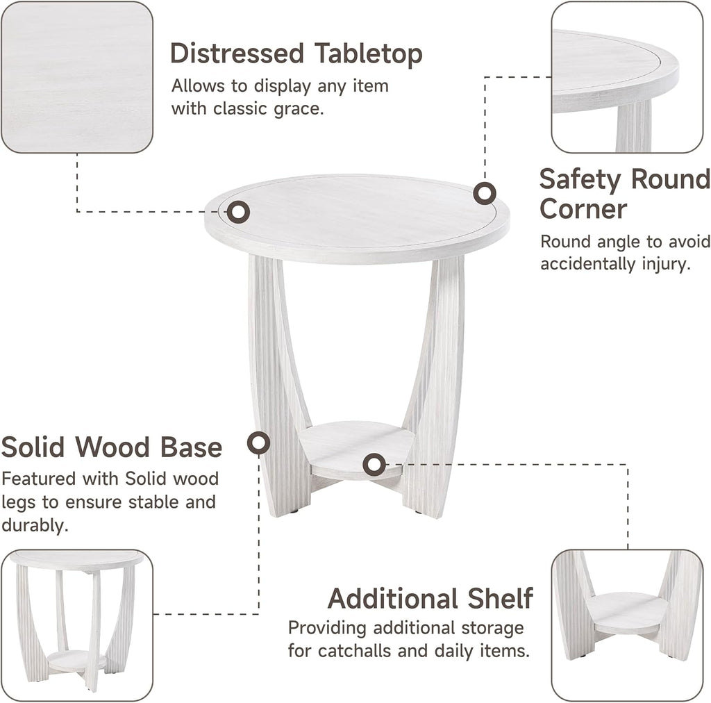 COZAYH Rustic Farmhouse end Table X 2P with Storage Shelf, French Country Accent Side Table for Family, Dinning or Living Room, Small Spaces, Modern, Round, White
