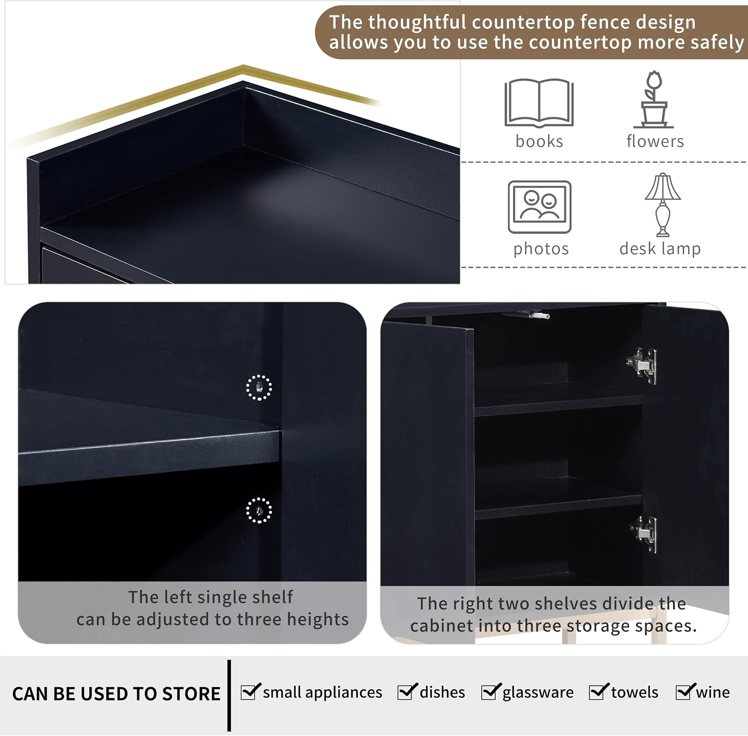 Sideboard Buffet Cabinet with Large Storage Space,Modern Particle Board Kitchen Console Table,W/ 4 Doors and Gold Metal Legs,Dining Room,Entryway,Black