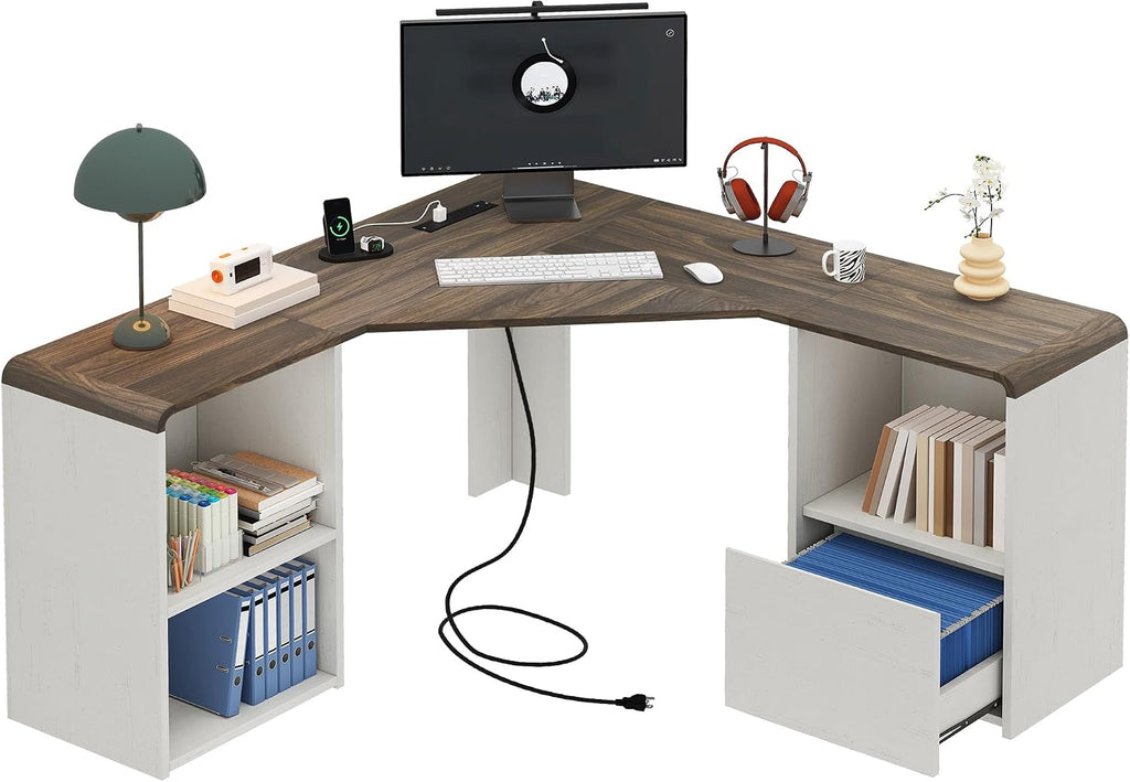 60' L Shaped Desk with File Drawer Modern Corner Computer Desk with Storage L Shape Home Office Desk Executive Desk with Power Outlets Storage Shelves File Cabinet for Working Writing White