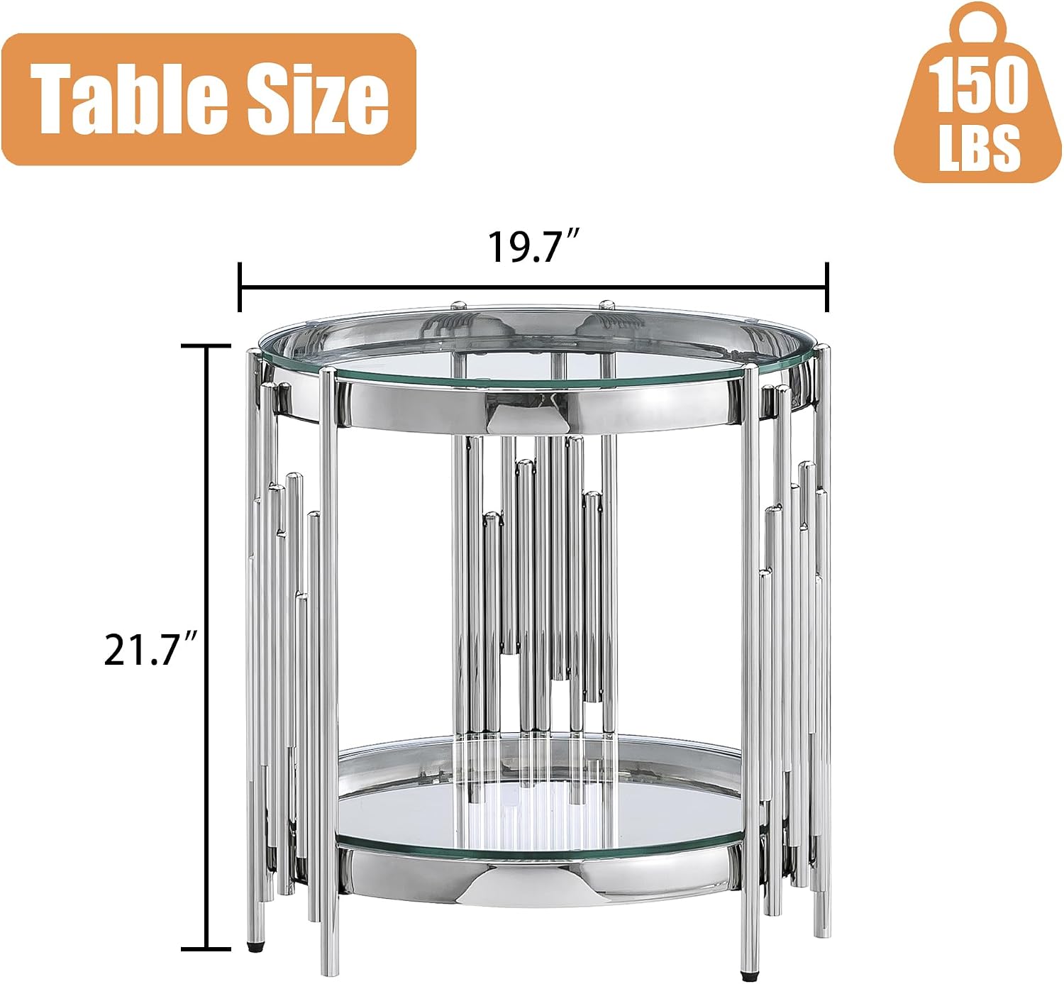 20' Round Glass End Table, 2-Tier Silver Side Table with Stainless Steel Legs and Clear Tempered Glass, Modern Luxury End Table for Living Room Home Office