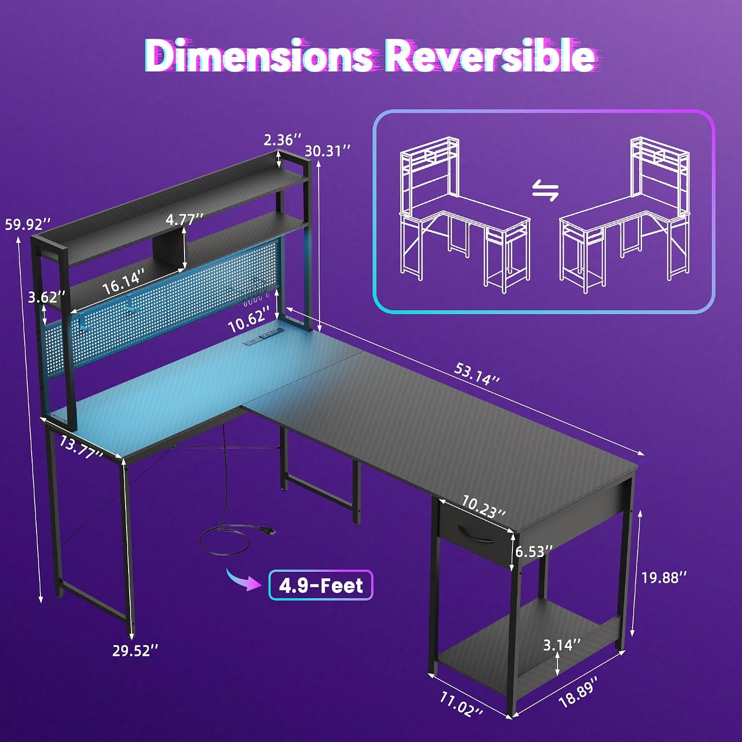 Apicizon L Shaped Gaming Desk 53', Reversible Corner Computer Desk with LED Lights, Carbon Fiber Surface, Pegboard with Hooks, Drawer & PC Tower Stand, USB Charging Port