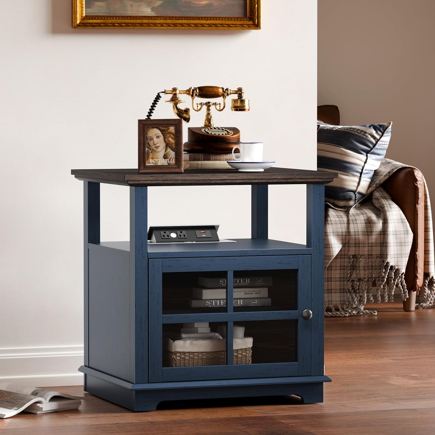 HIFYOBRO 24''Tall End Table with Charging Station, Adjustable Shelf, Storage Side Table,21' Large Nightstand for Living Room, Bedroom