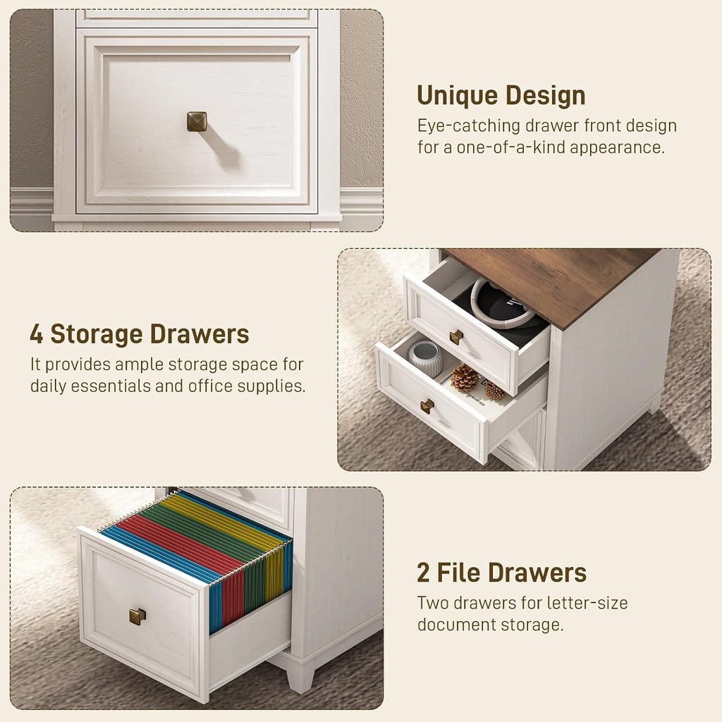 Vabches Farmhouse L Shaped Executive Desk with 6 Drawers, 59'' Wood Home Office Desk with File Cabinet, Writing Corner Computer Desk for Home Office, Work, Study, White and Brown