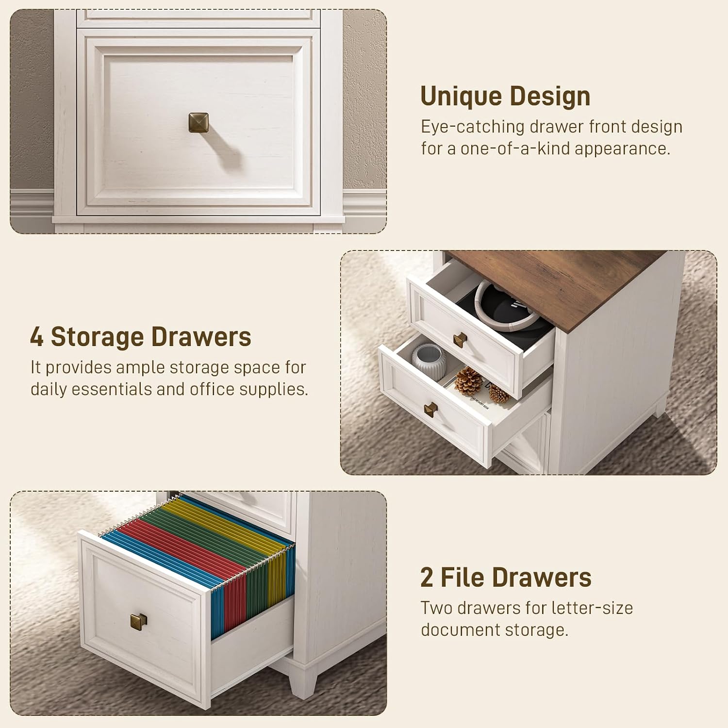 Vabches Farmhouse L Shaped Executive Desk with 6 Drawers, 59'' Wood Home Office Desk with File Cabinet, Writing Corner Computer Desk for Home Office, Work, Study, White and Brown