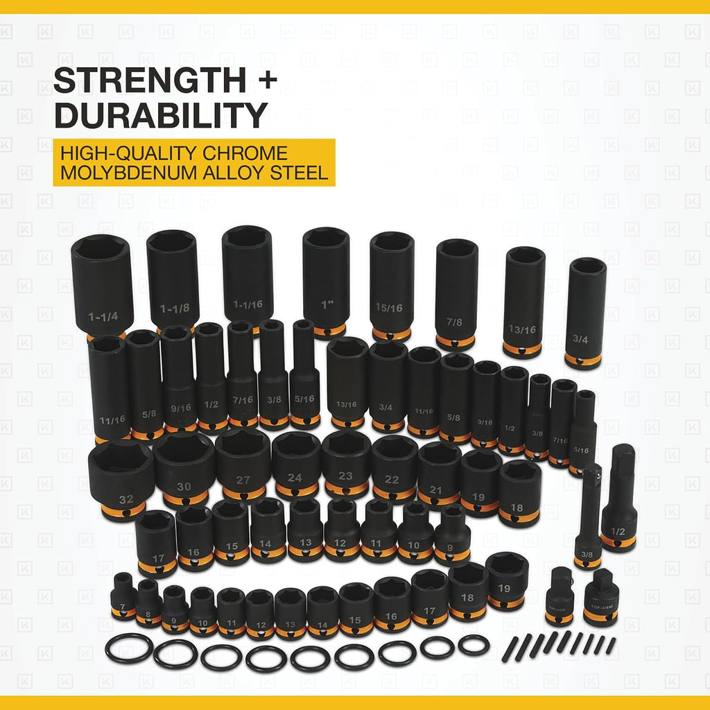 Klutch 3/8in.- and 1/2in.-Drive Chrome Molybdenum Impact Socket Set, SAE and Metric, 59-Pc.