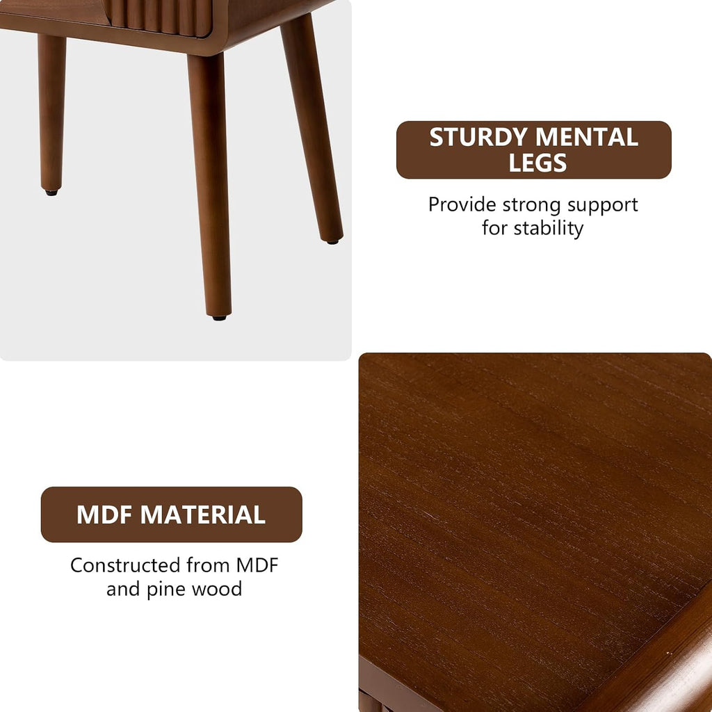 COSIEST Mid Century Modern Nightstands Set of 2, MCM Vintage Bedside Tables with Storage Drawers, Wood End Tables for Bedroom, Living Room (Brown, Striped Pattern)