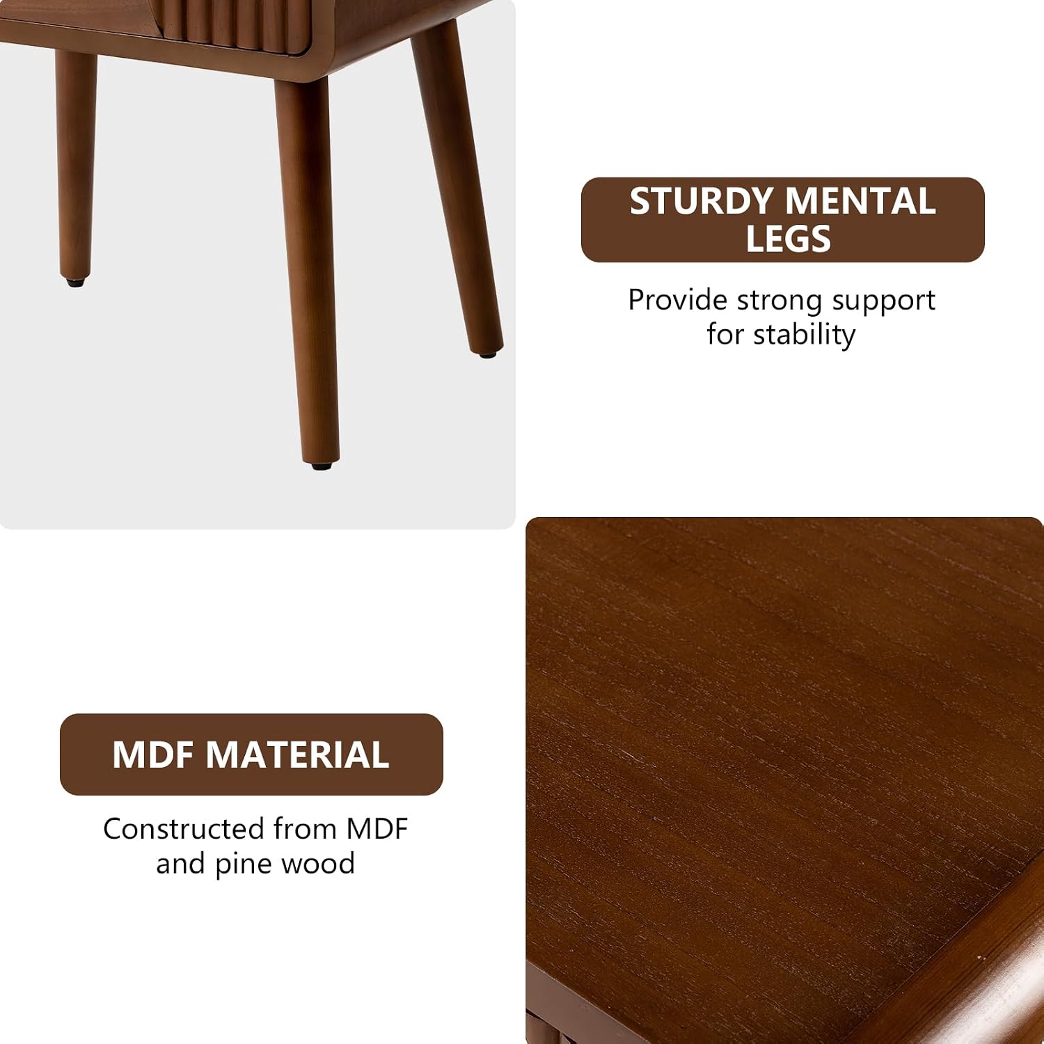 COSIEST Mid Century Modern Nightstands Set of 2, MCM Vintage Bedside Tables with Storage Drawers, Wood End Tables for Bedroom, Living Room (Brown, Striped Pattern)