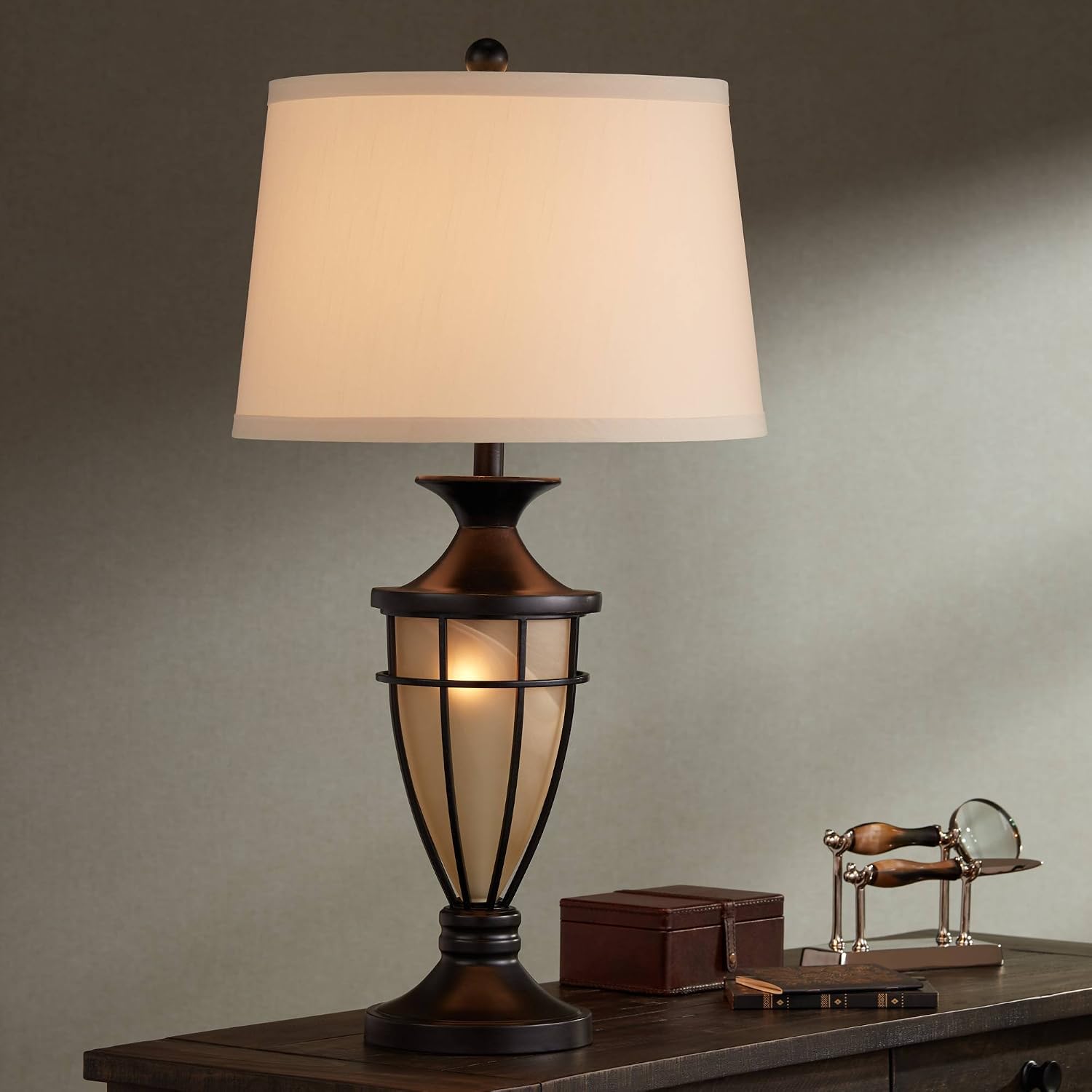 John Timberland Mission Style Table Lamp with Nightlight 33' Tall Champagne Glass Brushed Iron Cage Beige Fabric Drum Shade for Living Room Bedroom House Bedside Nightstand Home Office Entryway