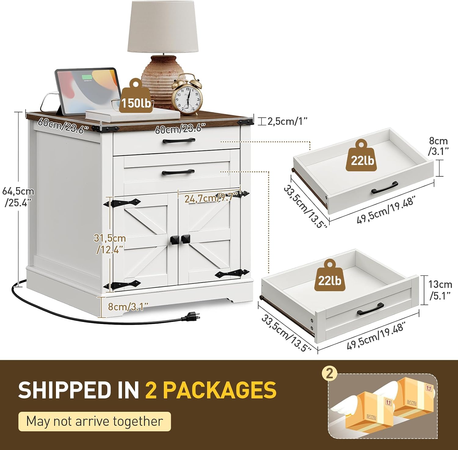 RALGEND Farmhouse End Table Set of 2, 24'' Sofa Side Table with 2 Drawers and Barn Door, Large Rustic Wooden Square Nightstand for Bedroom, Living Room, White and Walnut