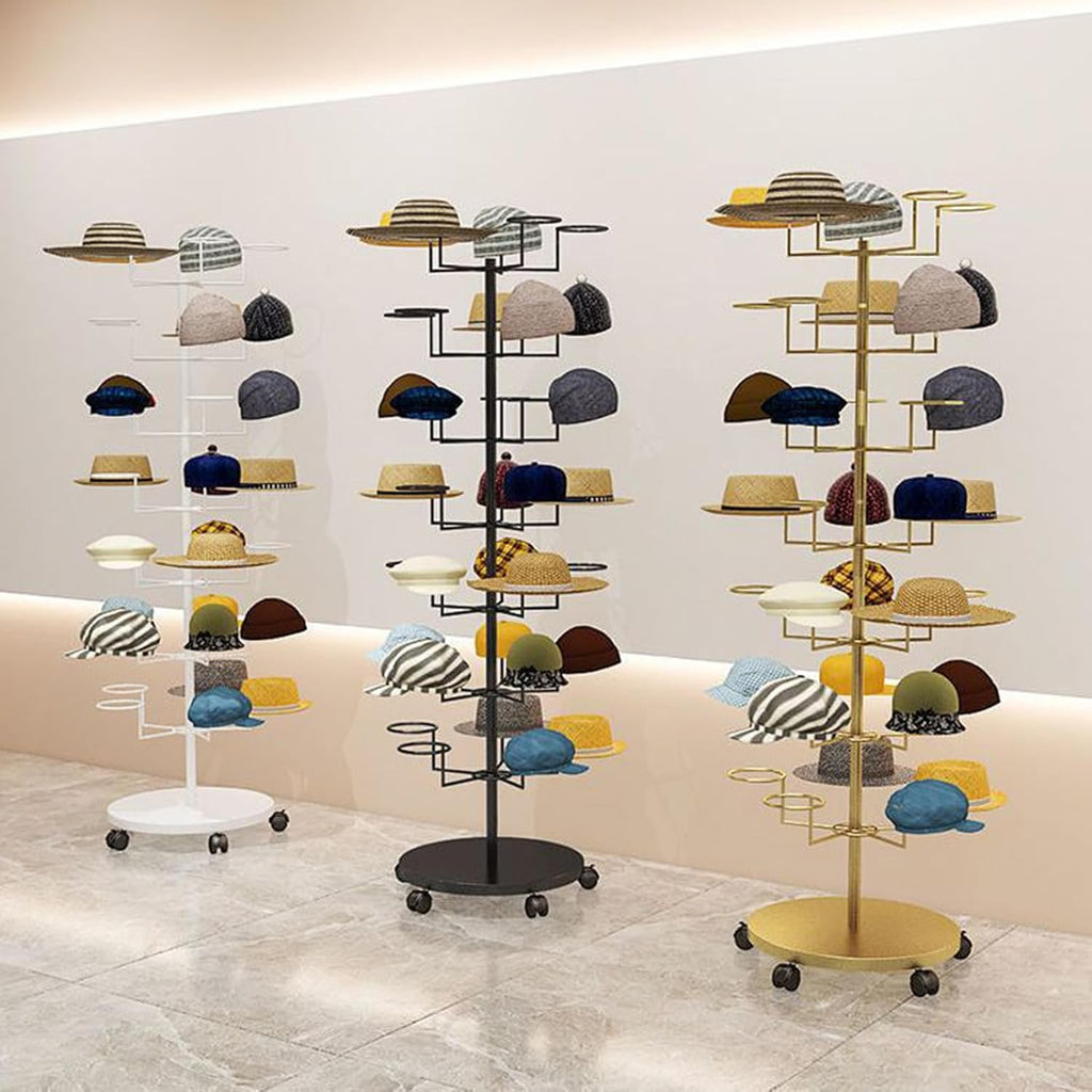 Hat Rack Display Stand Hat Display Rack Rotating Floor-standing Hat Stand Adjustable Hat Headwear Rack Baseball Cap Organizer with Wheels Metal Hat Storage Holders