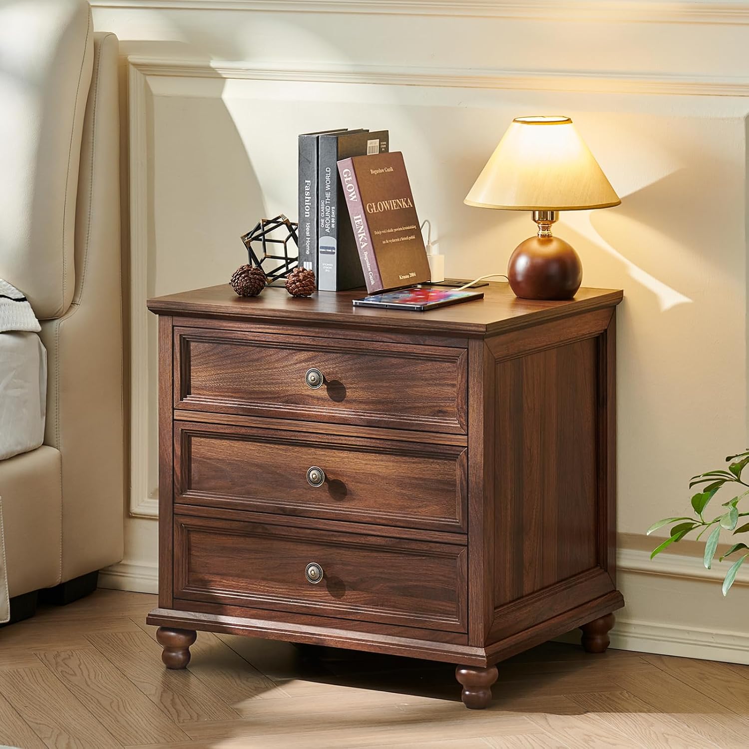 Joaxswe Farmhouse Nightstand Set of 2 with Charging Station, 24' Wide End Table with 3 Drawers,Dresser for Bedroom,Bed Side Table Chest of Drawers Cabinet,Wood Brown Night Stand for Living Room
