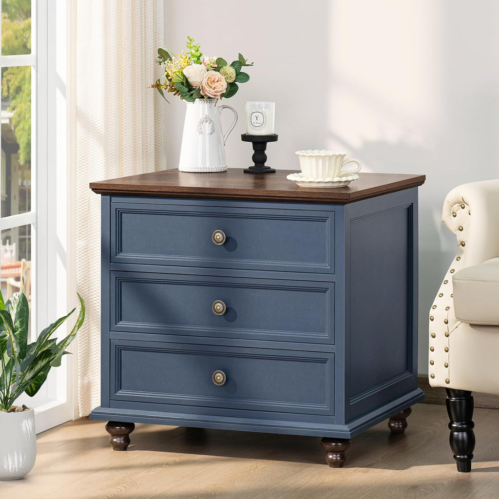 Joaxswe 24' Wide Farmhouse Night Stand,Large End Table with 3 Drawers & Metal Handle,Navy Blue Dresser for Bedroom, Wood Bed Side Table Chest of Drawers, Nightstand Cabinet for Living Room,Closet