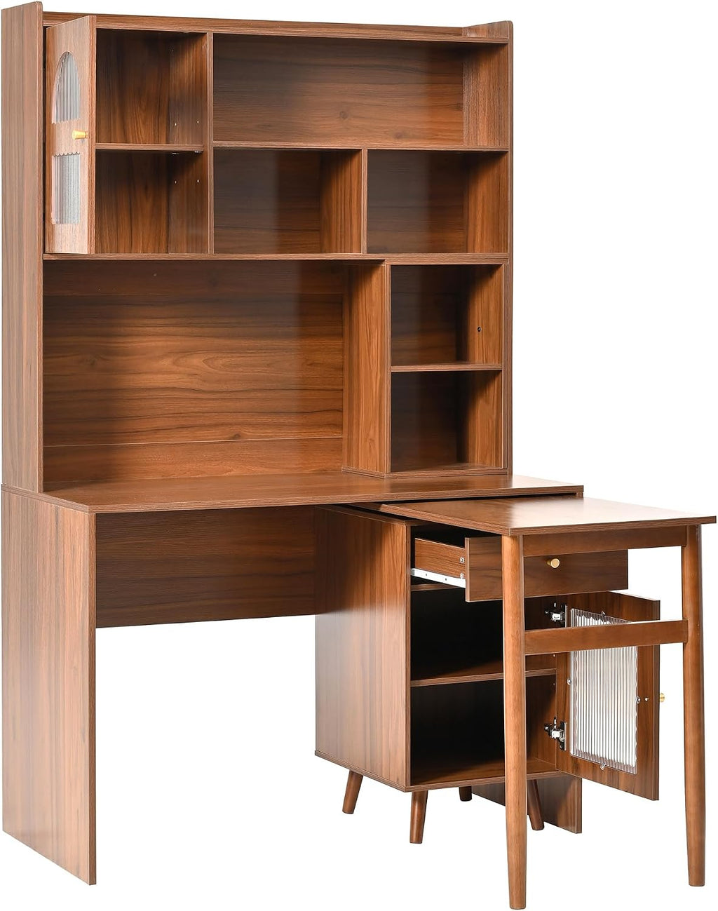 L Shaped Home Office Desks with 90° Rotating Retractable Desktop, Glass Door, Hutch, Drawers, Bookshelf & Storage Shelves, 43' Modern Gaming Computer Corner Table for Work, Study, Writing, Walnut