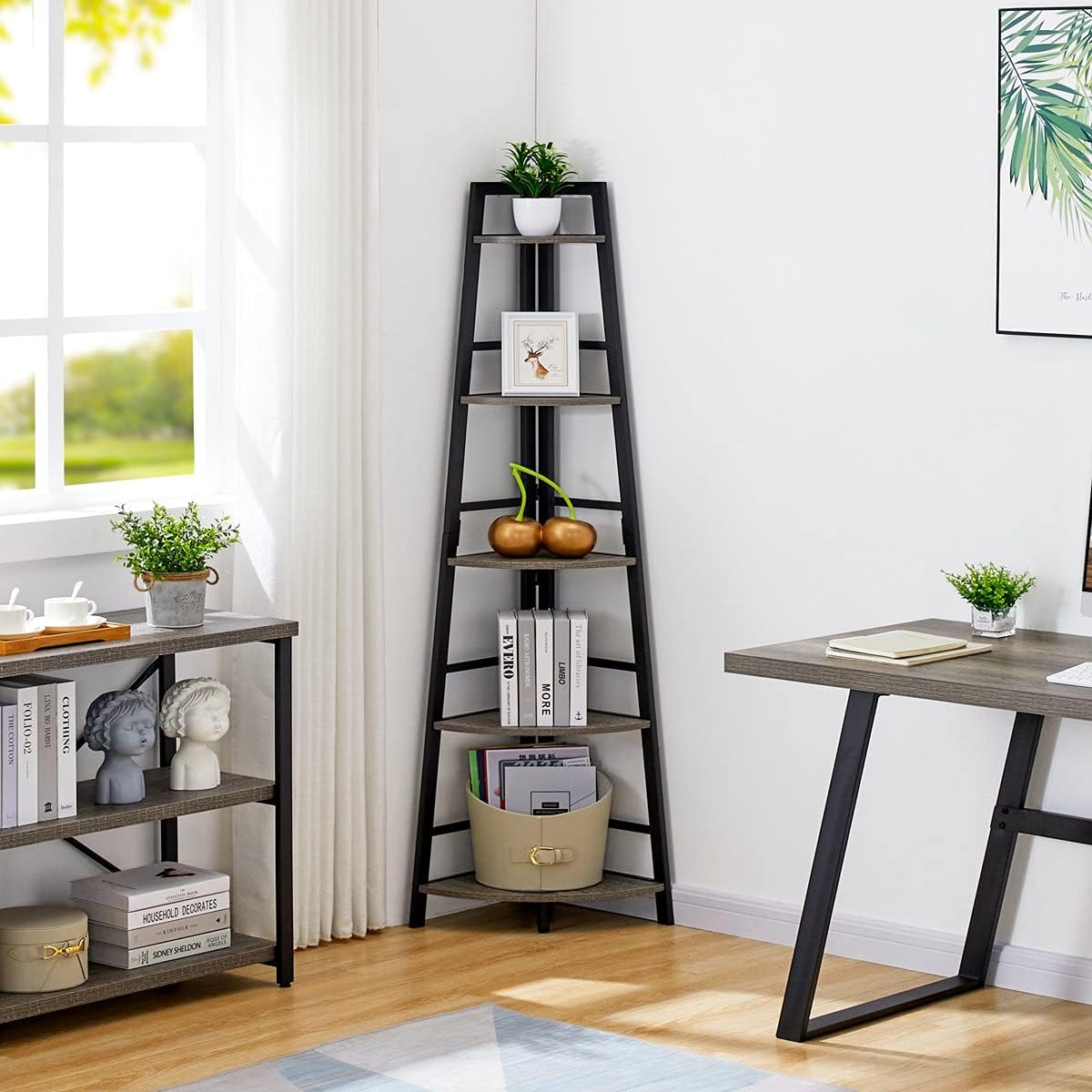 BON AUGURE Industrial Console Table for Entryway with Rustic 5-Tier Ladder Corner Shelf for Living Room and Home Office(Dark Gray Oak)
