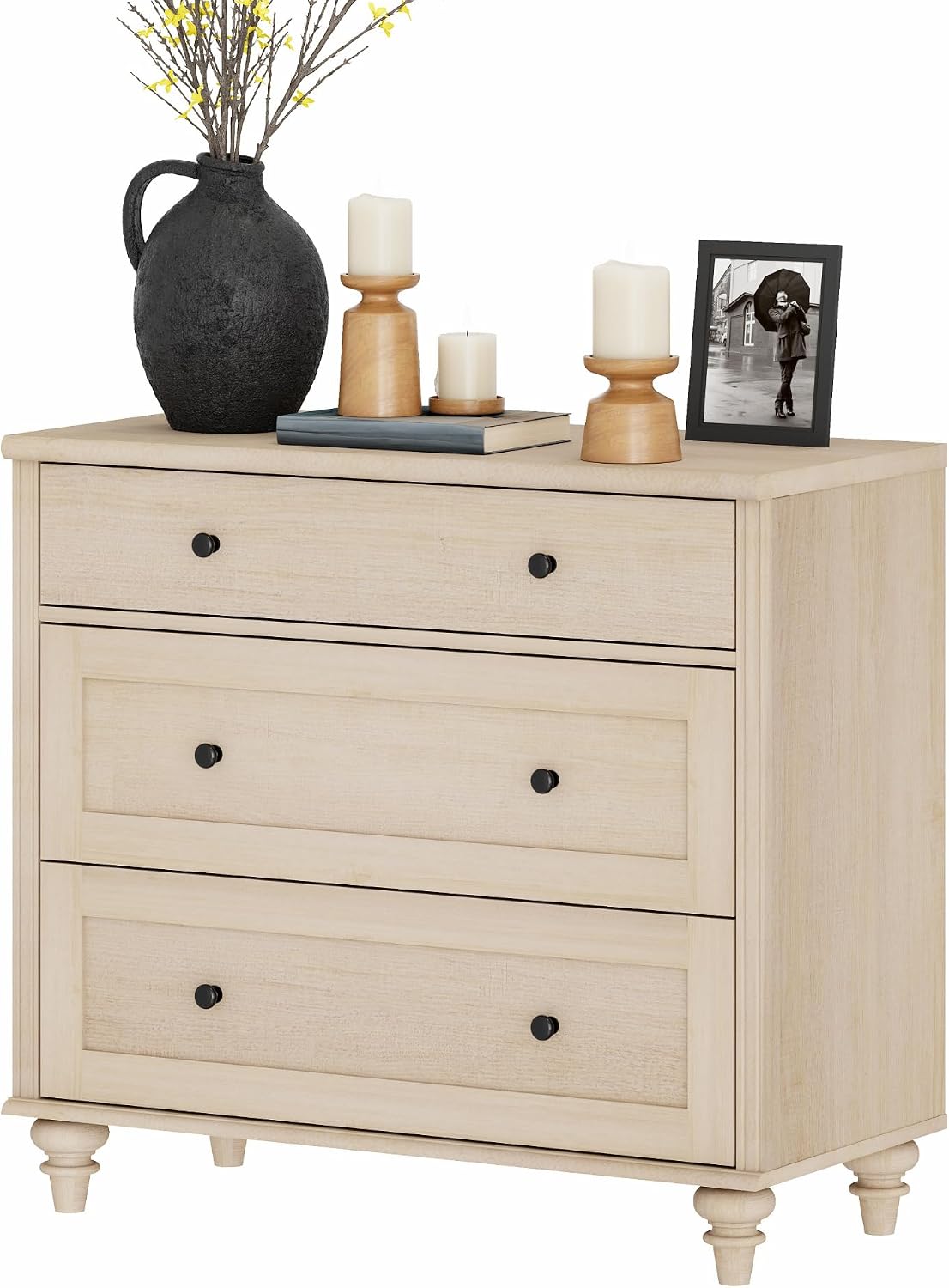 WAMPAT Farmhouse End Table with 3 Drawers, Large Wood Side Table Nightstands, Wide Bedside Table 3 Drawers Chest of Dresser for Living Room, Bedroom, Light Oak(1 psc)