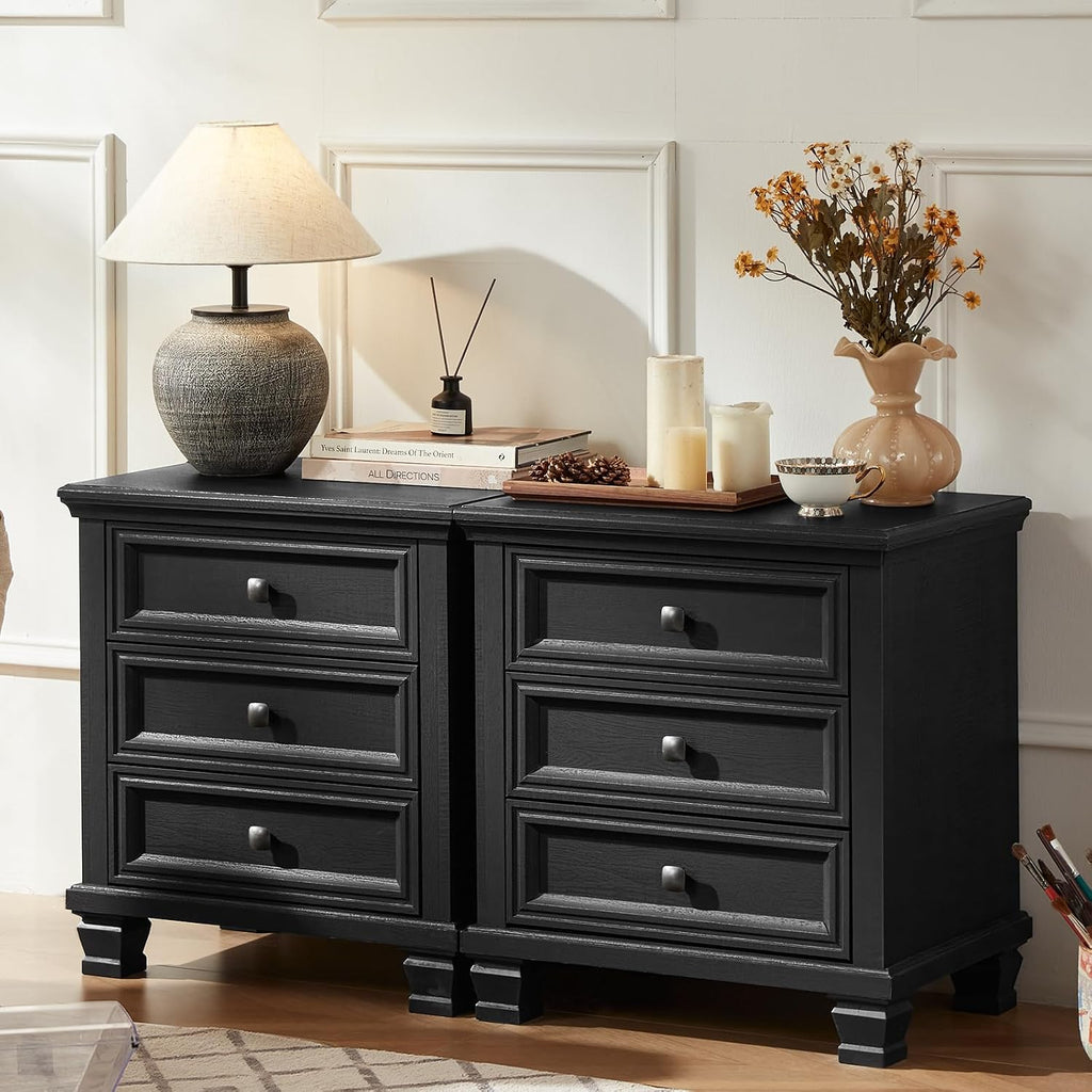 SAVOR LIFE Farmhouse Nightstand Set of 2, Rustic Couch End Table with 3 Drawers & 4 Square Solid Wood Legs, Vintage Bed Side Table with Storage, Small Dresser for Bedroom, Living Room, Black