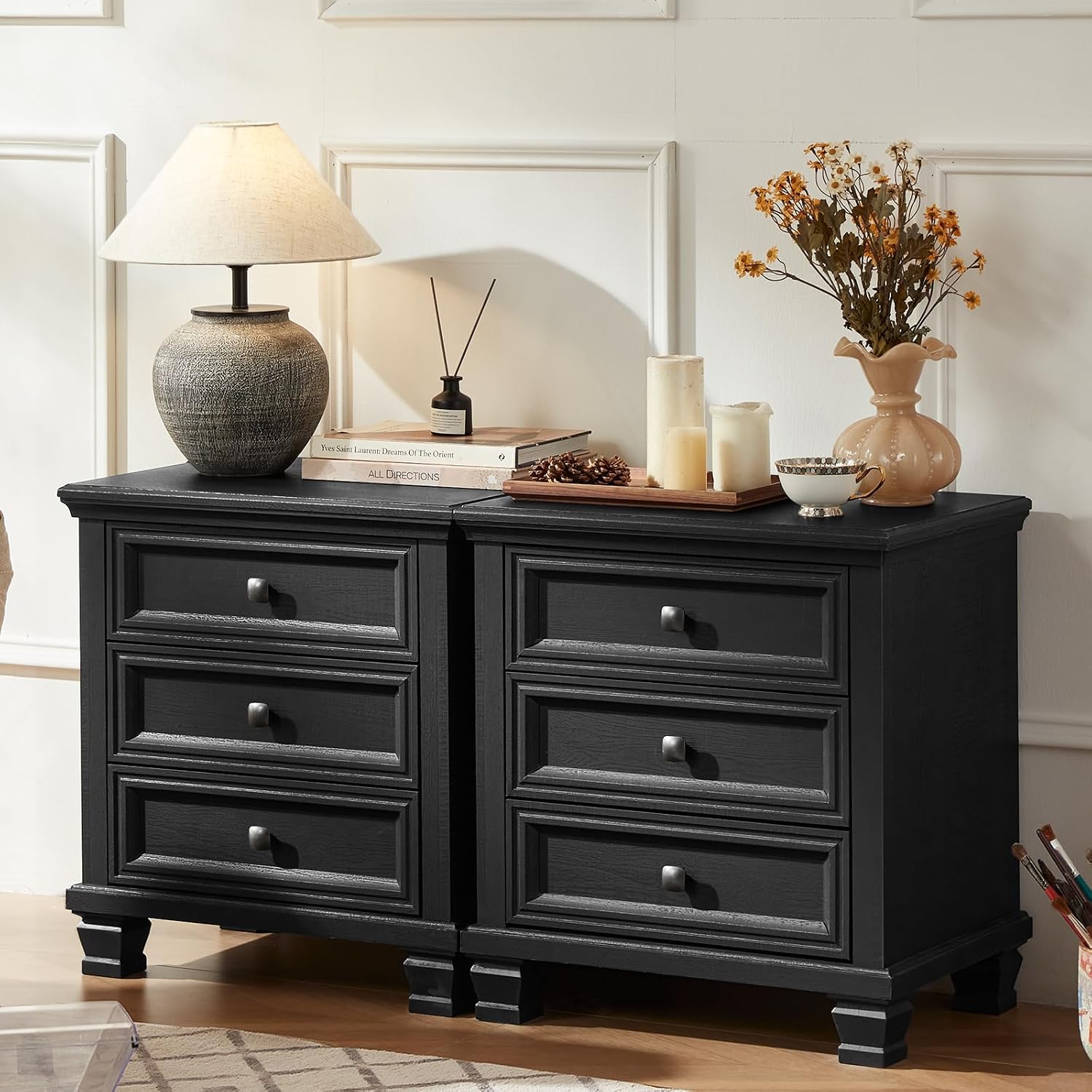 SAVOR LIFE Farmhouse Nightstand Set of 2, Rustic Couch End Table with 3 Drawers & 4 Square Solid Wood Legs, Vintage Bed Side Table with Storage, Small Dresser for Bedroom, Living Room, Black