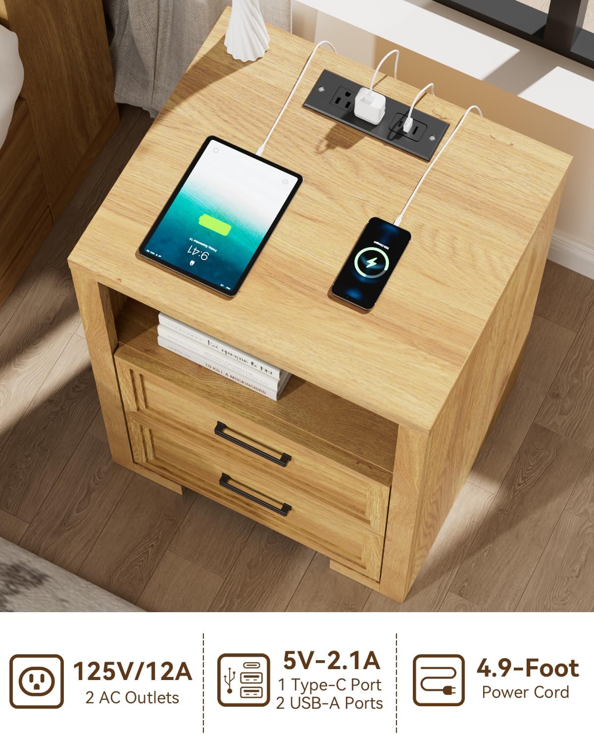 Nightstand Set of 2, Night Stand with Charging Station, End Table with 2 Drawers, Wood Rustic Side Table with Open Storage Shelf, for Bedroom, Natural Oak