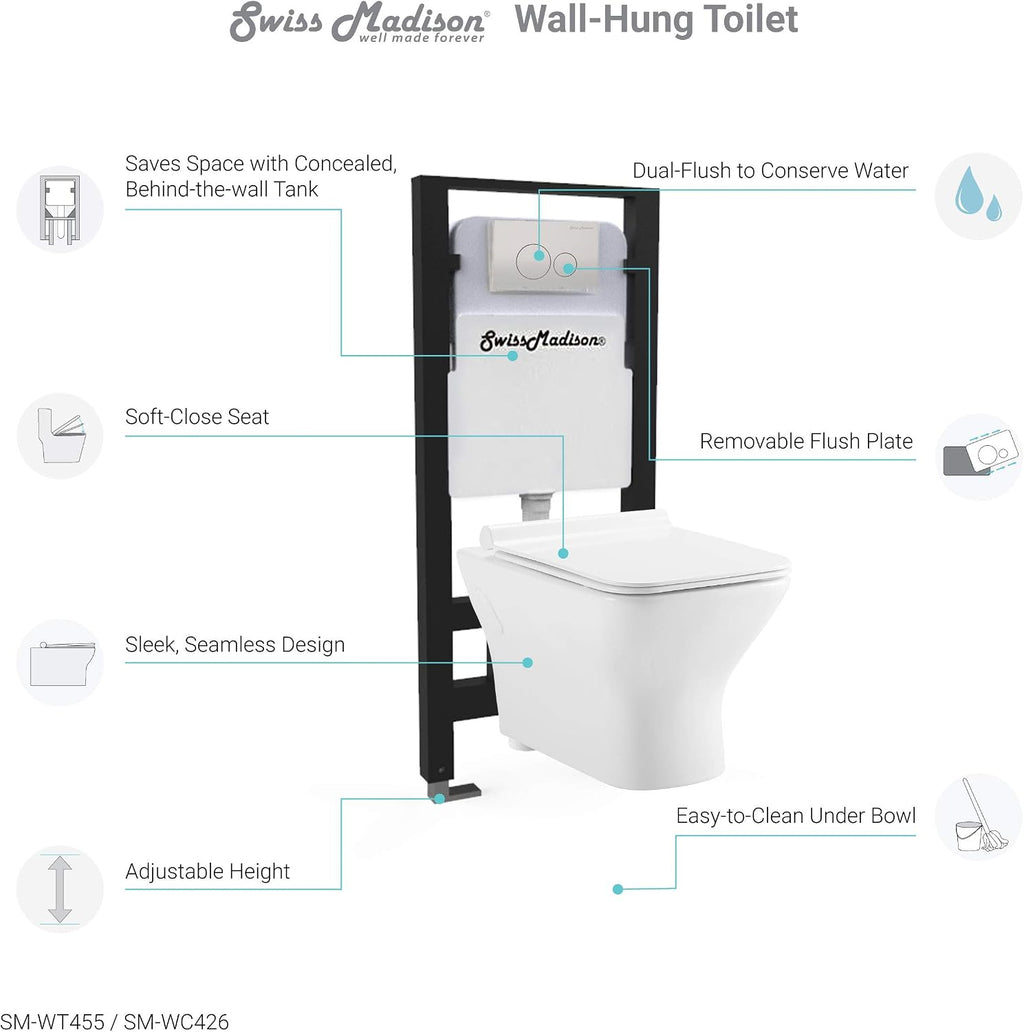 Swiss Madison Well Made Forever SM-WT455 Carré Wall Hung Toilet, Glossy White