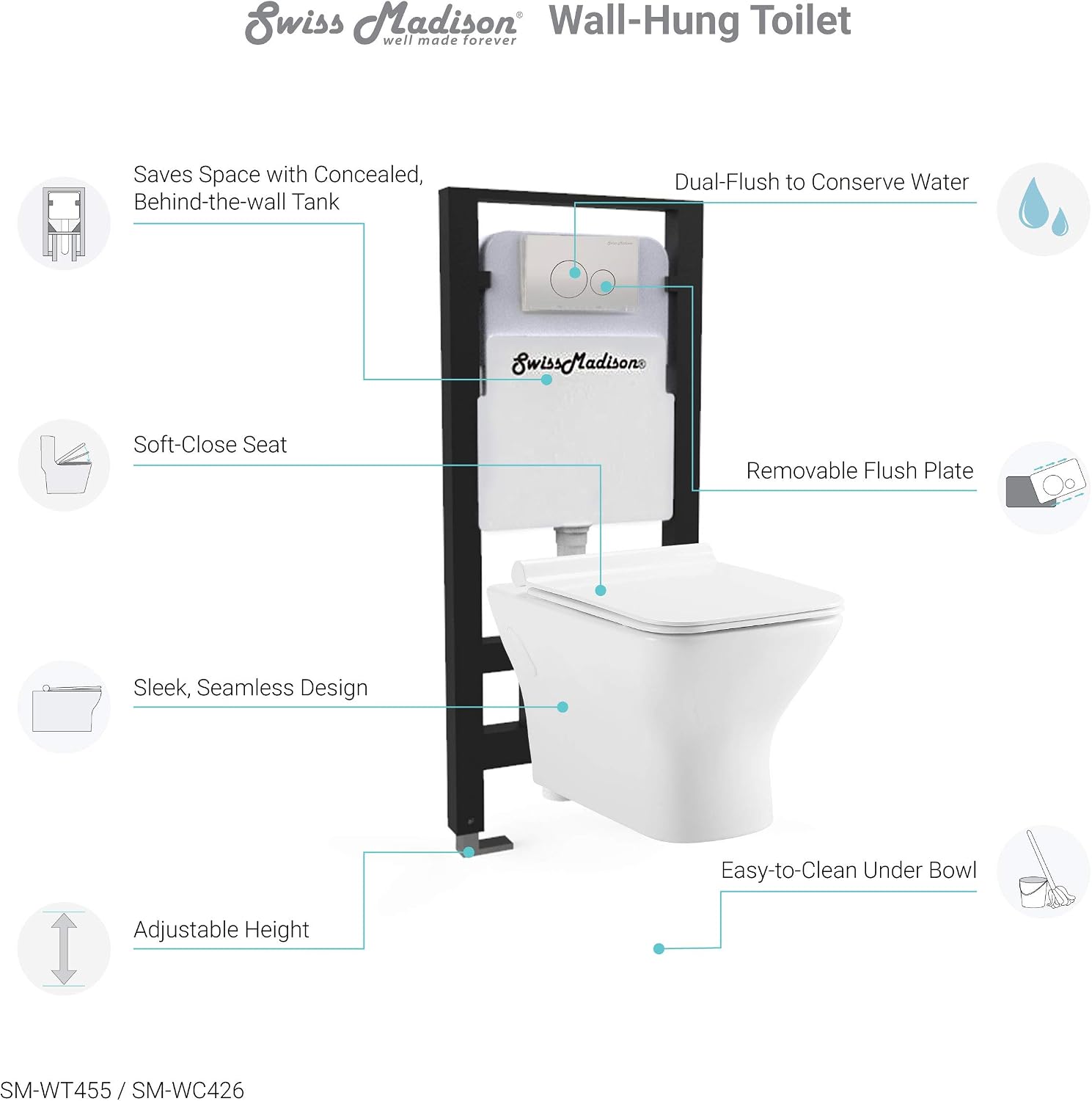 Swiss Madison Well Made Forever SM-WT455 Carré Wall Hung Toilet, Glossy White