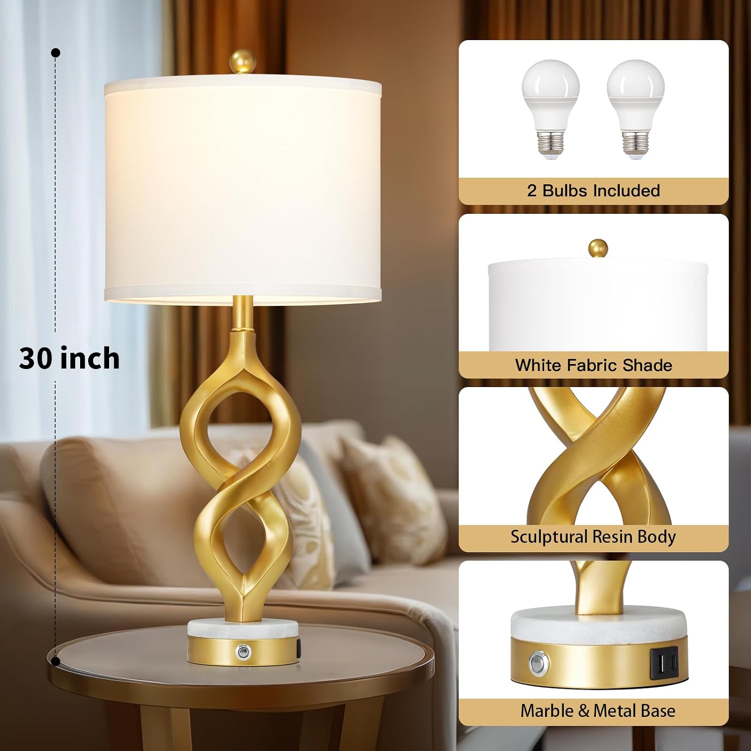 Cinyirong 30' White and Gold Table Lamps Set of 2 for Living Room, Modern Touch Control Bedside Lamps for Bedroom, 3-Way Dimmable Sculptural Resin Nightstand Lamps with USB A+C Ports and 2 LED Bulbs