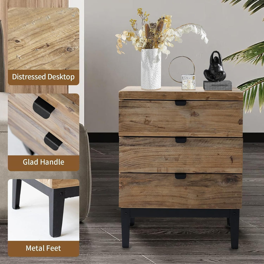 Wnutrees Farmhouse Nightstand Wood Bedside Table with 3-Drawers Bedside End Tables Storage for Living Room, Hallway, Handmade Distressed, Natural, Set of 2