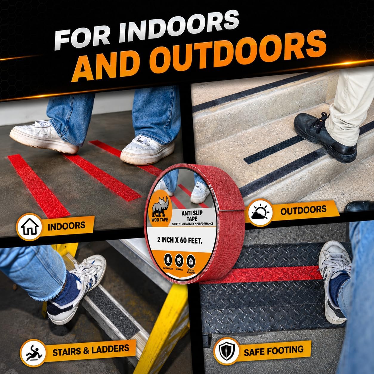 WOD Heavy Duty Anti Slip Tape Black - 8 inch x 60 ft. Non Skid Treads Weather Proof Indoor/Outdoor Traction Tape for No Slip Stairs ASTC32