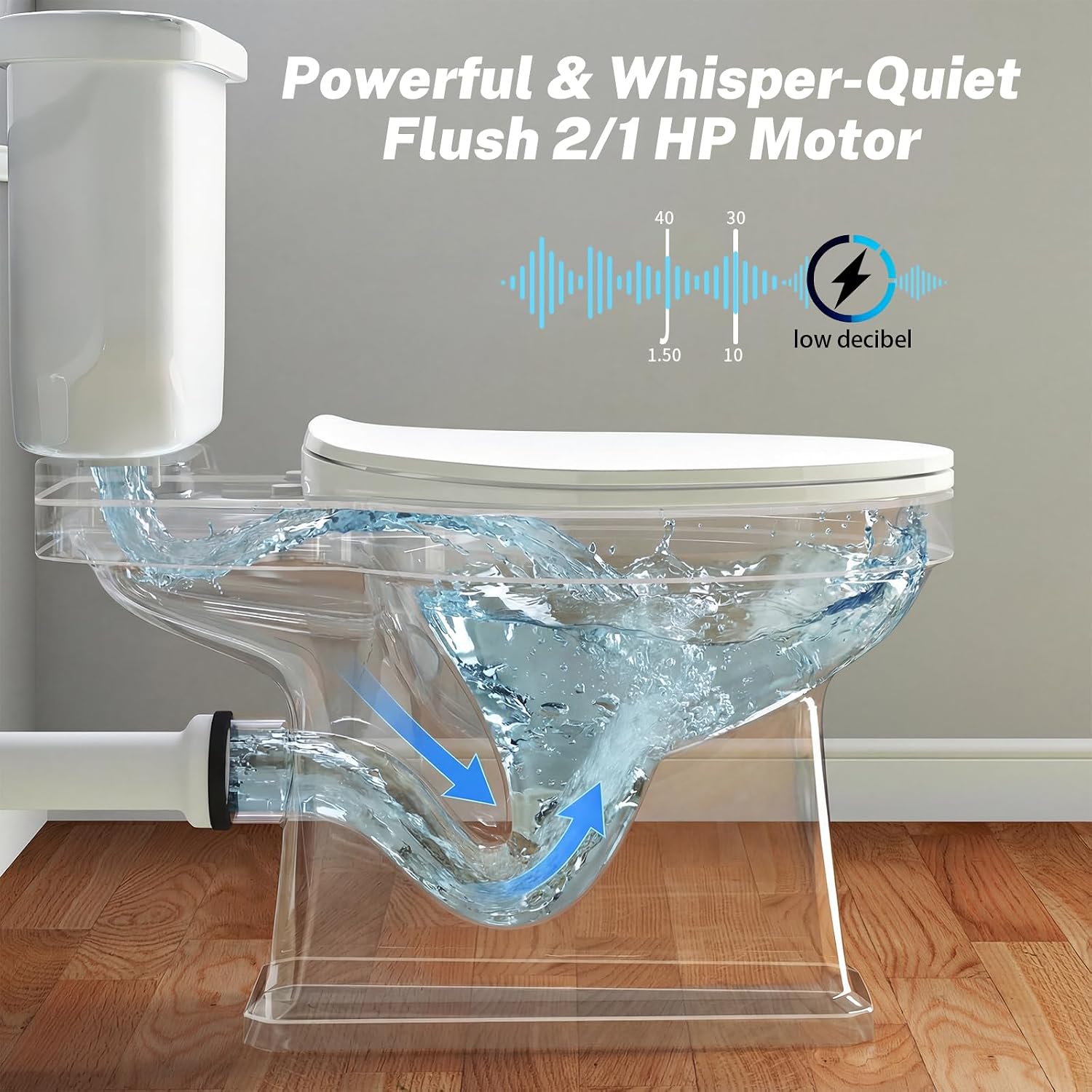 Macerating Toilet with Pump, Two-Piece Upflush Toilet For Basement, Powerful & Quiet Macerating Pump System With 4 Water Inlet, 23Ft Vertically, Elongated Bowl