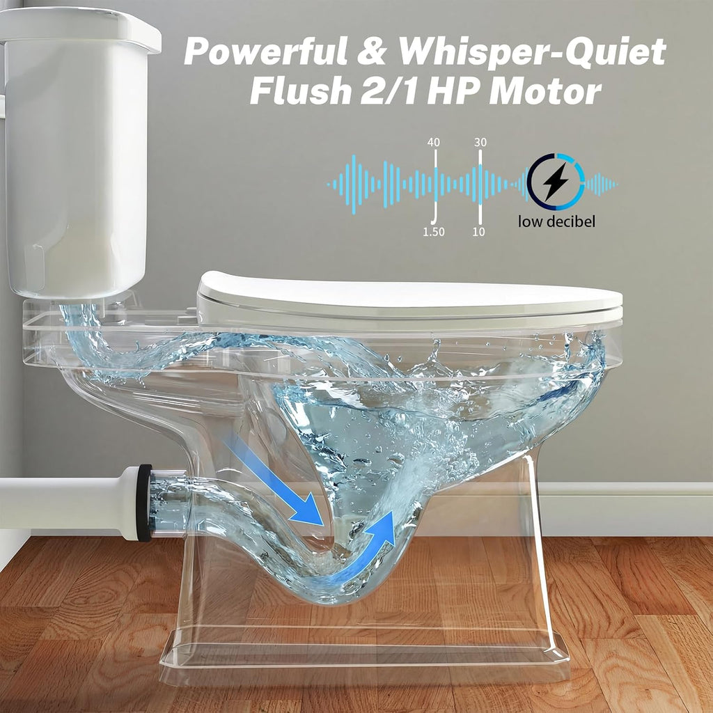 700W Macerating Toilet with Pump, Two-Piece Upflush Toilet For Basement, Powerful & Quiet Macerating Pump System With 4 Water Inlet, 23Ft Vertically, Elongated Bowl