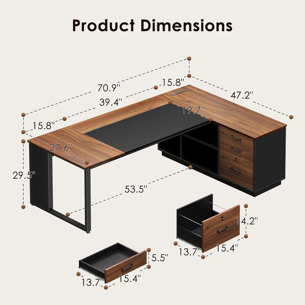 AODK 71 Inch L Shaped Executive Desk with Drawers and File Cabinet, Large Office Desk with Storage Shelves, Corner Computer Desk for Home Office, Walnut + Black