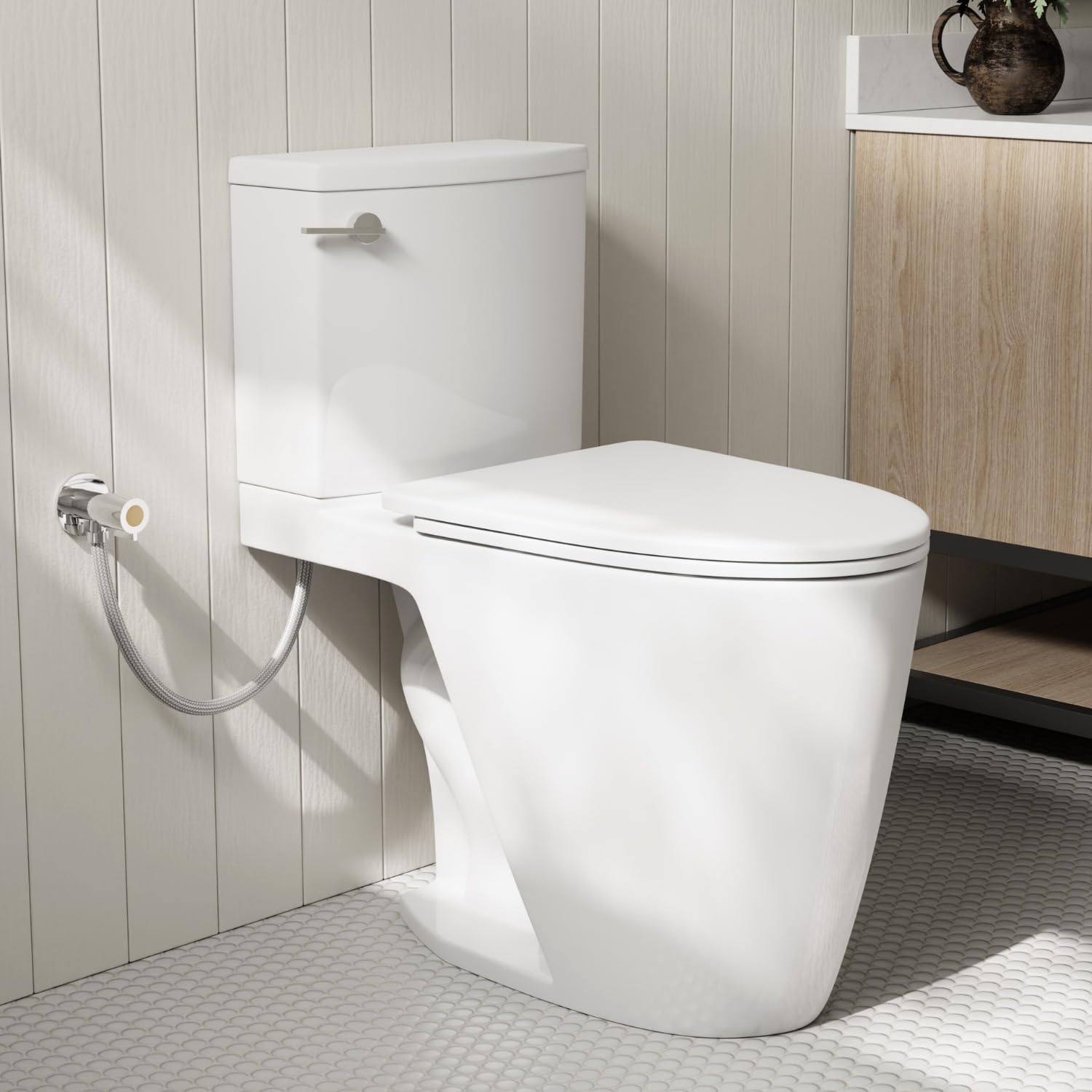 17.5' ADA Comfort Height Two Piece Toilet For Bathroom, Los Flexi Chair Height Toilet, 1.28 GPF Single Flush, Elongated Bowl, Soft-Close Seat, 12' Rough-In, Half Skirted Design & Easy Installation