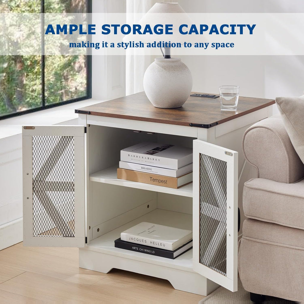 Farmhouse End Table Set with Charging Station, Living Room Tables with Hidden Storage, Wood Square Sofa Bedside Tables, Night Stand with Power Outlet and Door, White