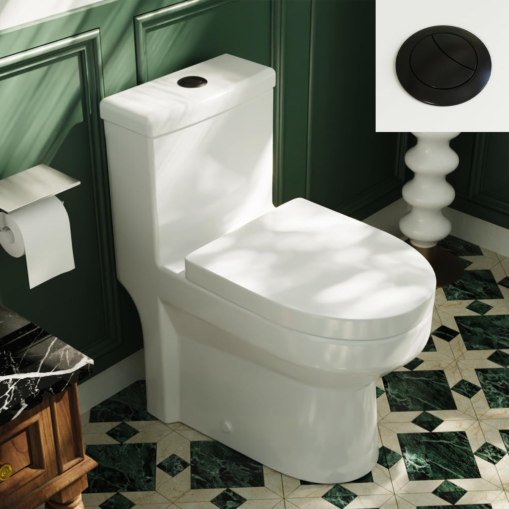 DeerValley Compact One-Piece Toilet 12 Inch Rough-In Black Button Accent Space-Saving Toilets for Tiny Bathrooms White Finish