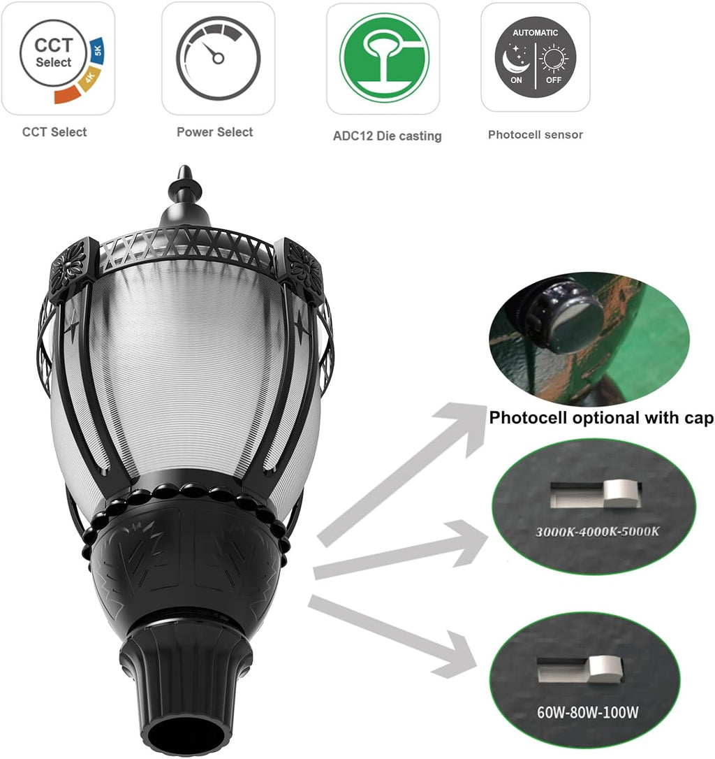 Acorn LED Post Top Light Fixture with Photocell Watt Tunable 100W/80W/60W Color Selectable 3000K/4000K/5000K 120-277V Black Housing Outdoor Area Pole Lighting