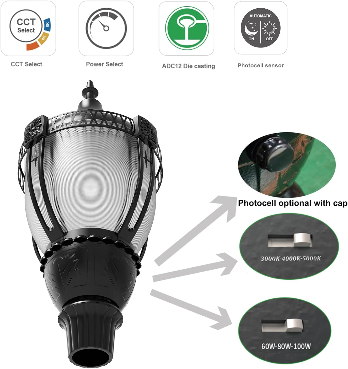 Acorn LED Post Top Light Fixture with Photocell Watt Tunable 100W/80W/60W Color Selectable 3000K/4000K/5000K 120-277V Black Housing Outdoor Area Pole Lighting