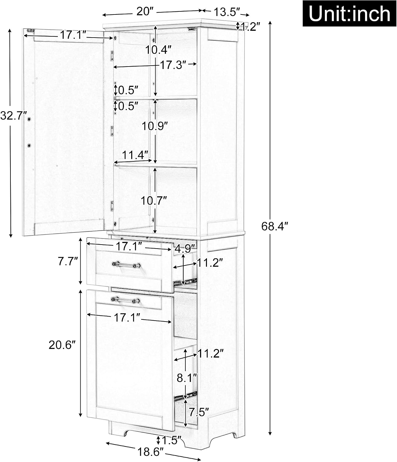 Bathroom Storage Cabinet with Adjustable Shelf, 68.4 in Tall | MDF, painted finish, adjustable shelf, enclosed storage, acrylic handles, anti-tip kit, bathroom, 20 W x 13.5 D x 68.4 H in