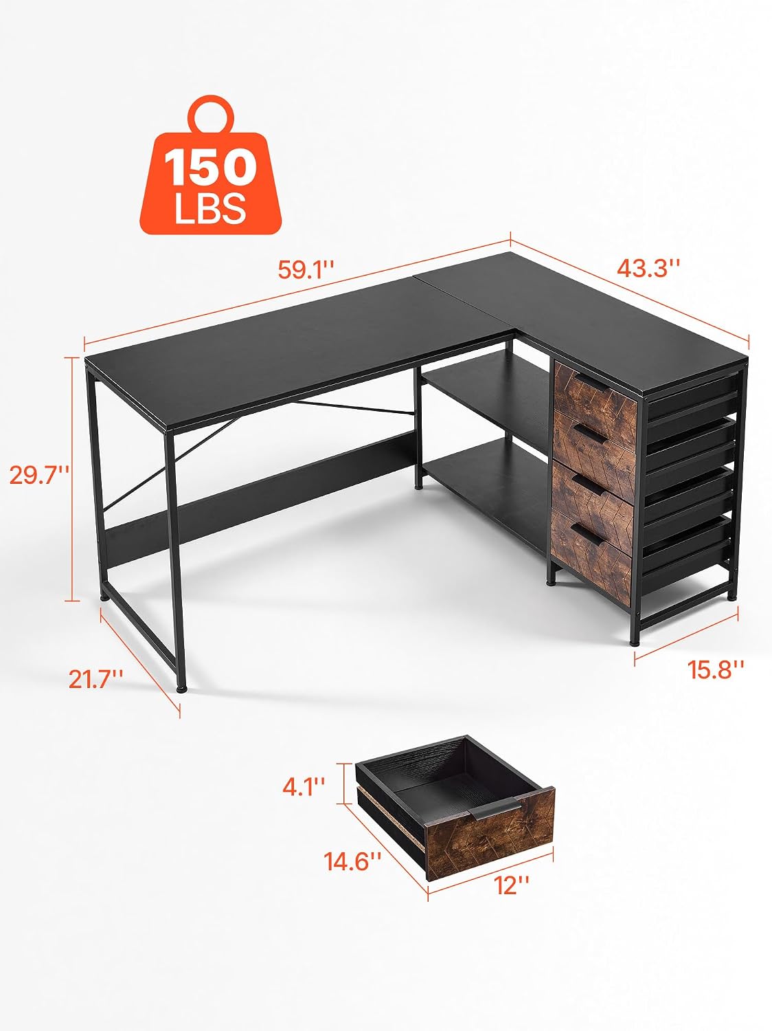 VEVOR L-Shaped Computer Desk, 59-inch Reversible Corner Gaming Desk with Drawers & Storage Shelves, Modern Stylish PC Table Sturdy Work Workstation for Home Office - Easy to Assembly