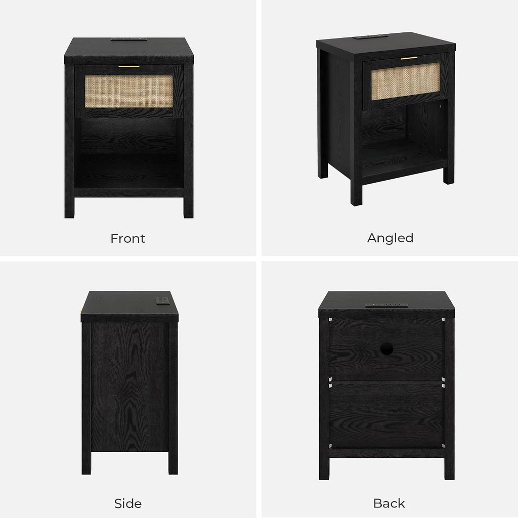 SICOTAS Black Nightstands Set of 2 with Charging Station - Rattan Night Stand with Drawer, Modern Bedside Table with USB and Type-C Ports, Bed Side Tables for Bedroom, Black Oak, 2 PCS