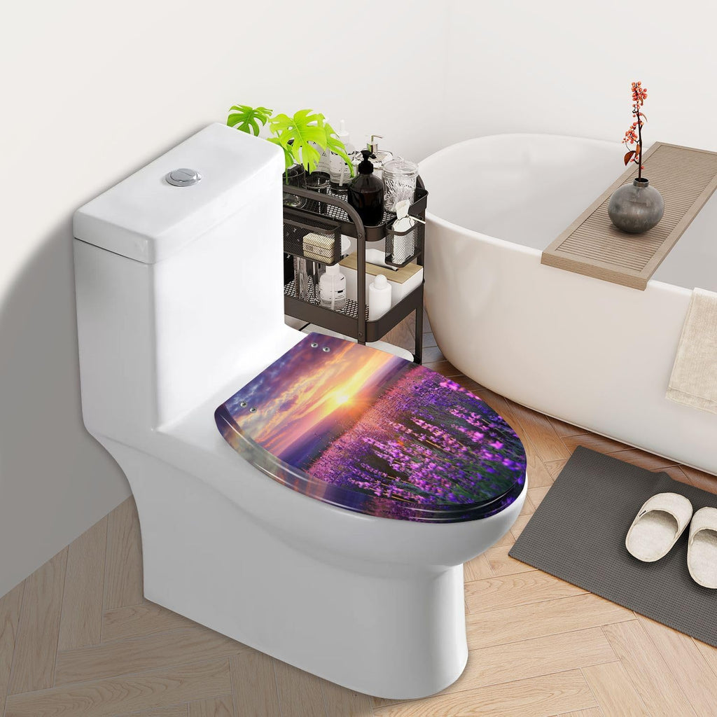 Elongated Toilet Seat Meadow lavender Resin Toilet Seat Slow Quiet Close Lid with Quick-Release Hinges Cover Bumpers Easy to Clean Install