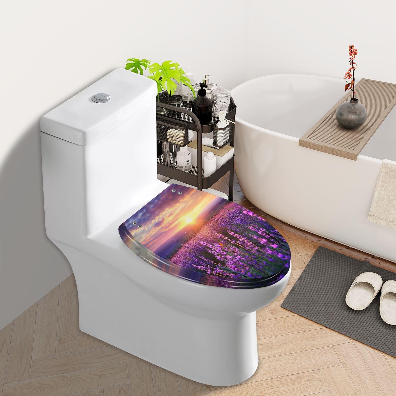 Elongated Toilet Seat Meadow lavender Resin Toilet Seat Slow Quiet Close Lid with Quick-Release Hinges Cover Bumpers Easy to Clean Install