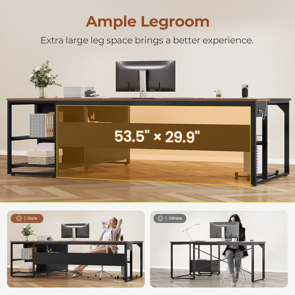 71' Executive Desk, Large Office Desk with Widen File Drawers & Power Outlets, Reversible L Shaped Computer Desk Corner Desk with Storage Shelves, CPU Stand, Hooks, Business Furniture (Walnut)