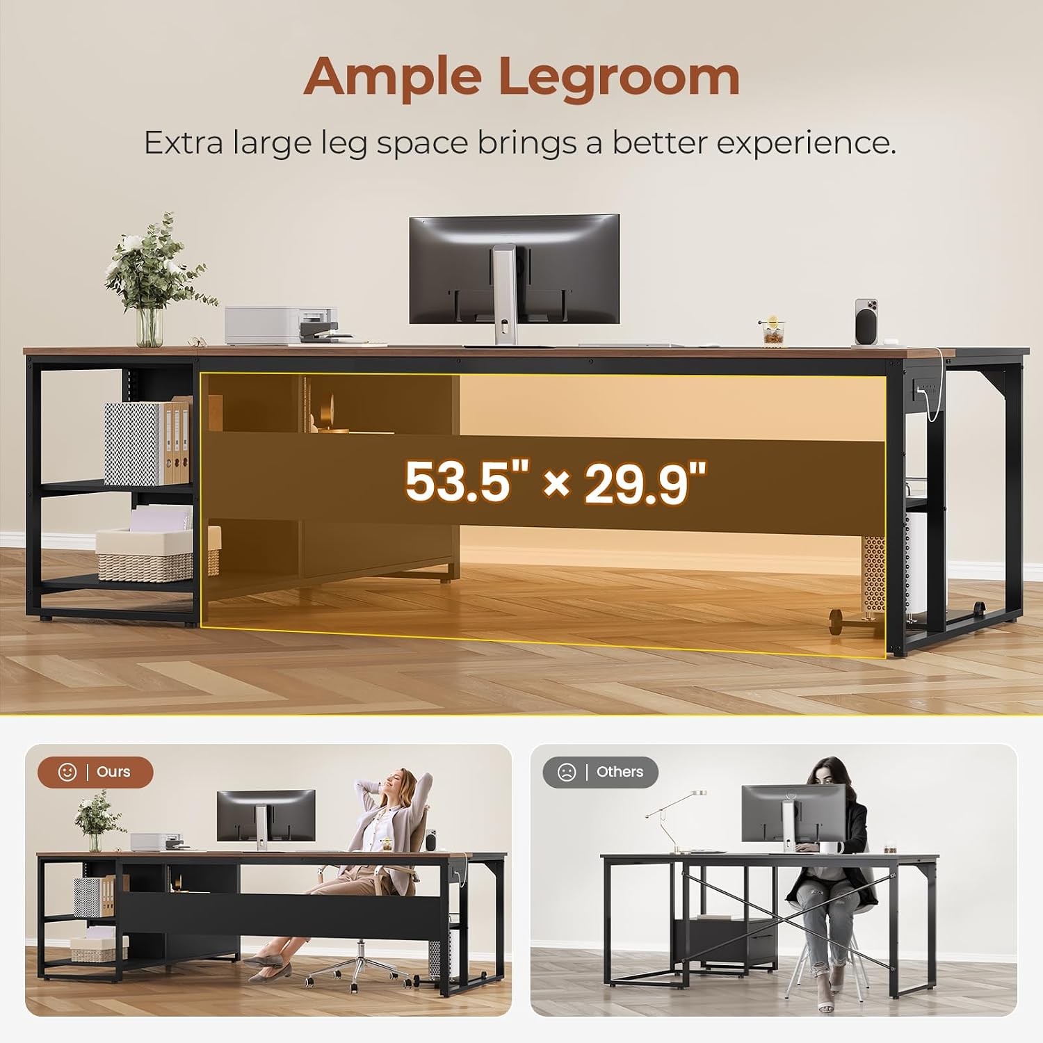71' Executive Desk, Large Office Desk with Widen File Drawers & Power Outlets, Reversible L Shaped Computer Desk Corner Desk with Storage Shelves, CPU Stand, Hooks, Business Furniture (Walnut)